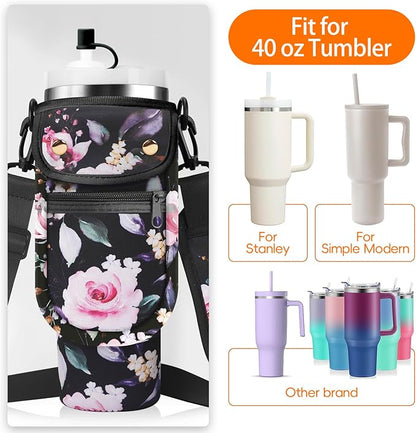 Water Bottle Carrier Bag with Phone Pocket for Stanley 40/30 oz Tumbler Neoprene Insulated Mug Sleeve Pouch with 2 Pockets & Adjustable Strap & Straw Cover for Stanley Cup Accessories