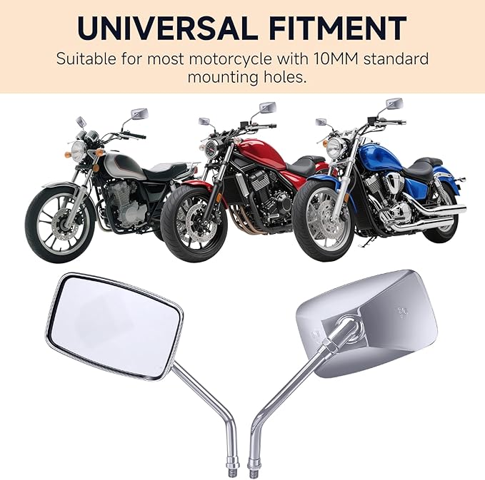 Universal Motorcycle Mirrors - M10 Chrome Rectangle Handlebar Rearview Mirrors Compatible with Honda Shadow MSX125 Kawasaki Vulcan Z900 Suzuki SV650 Volusia