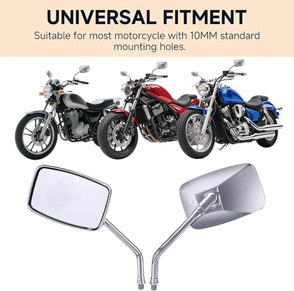 Universal Motorcycle Mirrors - M10 Chrome Rectangle Handlebar Rearview Mirrors Compatible with Honda Shadow MSX125 Kawasaki Vulcan Z900 Suzuki SV650 Volusia
