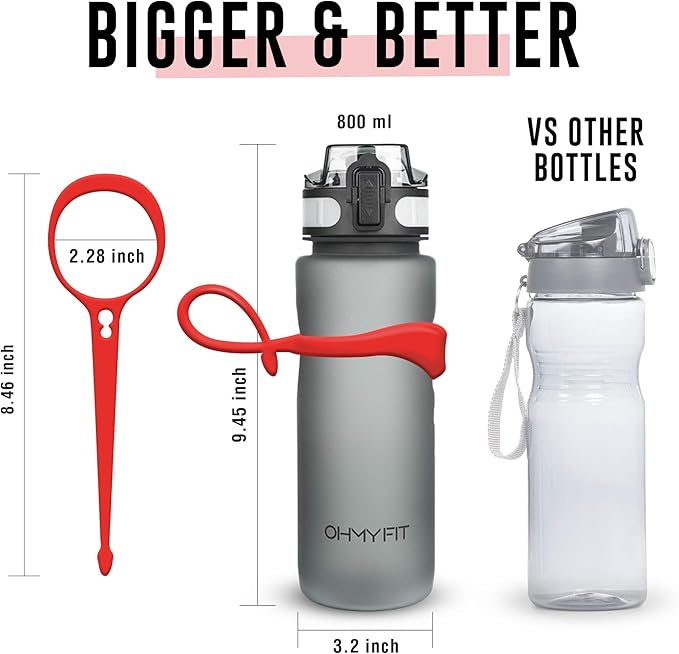 Tritan Sports Water Bottle with Magnetic Silicone Carry Strap & One Click Open Cap -Magnetic Drink Holder Great for Metal Equipment -Bottle w/Straps for Backpack, Belt & More (30oz, Crimson)