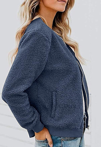 MIROL Women's Fall Trendy Fleece Jacket Faux Sherpa Fuzzy Casual Long Sleeve Zip Up Loose Fit Bomber Winter Coat