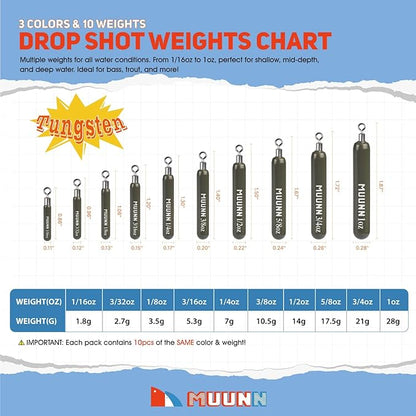 10 Pack Tungsten Free Rig Skinny Drop Shot Weights,Raindrop Free Rig Fishing Sinkers kit for Drop Shot Rig
