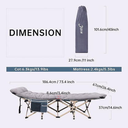 Nice C Heated Cot with Battery, Heated Camping Cots, Camping Cots with Mattress, for Adults, Folding Cot, with Pillow, Carry Bag, Storage Pocket, Extra Wide Sturdy, Holds Up to 500 Lbs (Grey, 1 Pack)