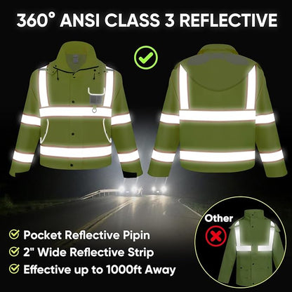 TICONN Reflective Rain Jacket Safety Jacket, Waterproof Hi Vis Rain Coat, Class III High Visibility Coat (Yellow&Black, S)