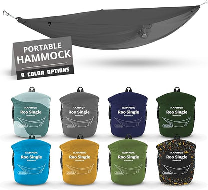 KAMMOK: Roo Single Hammock | Made from Strong & 100% Recycled Water Resistant Ripstop Fabric | Comfortable, Packable, Lightweight (Lifetime Adventure Grade Warranty), Granite Gray