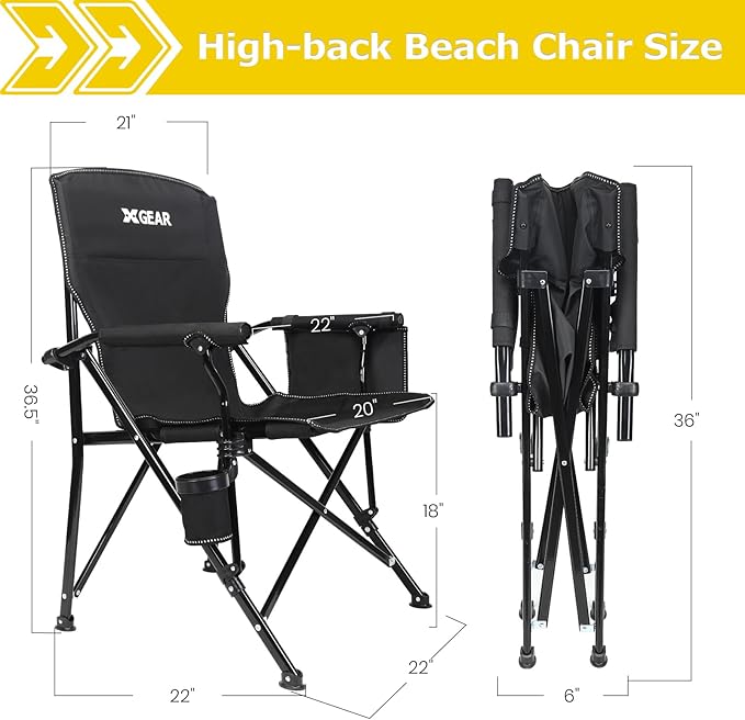XGEAR Camping Chair with Padded Hard Armrest, Sturdy Folding Camp Chair with Cup Holder, Storage Pockets Carry Bag Included, Support to 400 lbs