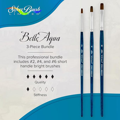 Silver Brush Limited BA-2754S BelleAqua Bright Brushes, 3pc Watercolor Brush Set Also for Acrylic, Gouache, Ink & Dye, Professional Soft Synthetic Red Sable Paintbrushes, Short Handle, Sizes 2, 4 & 6