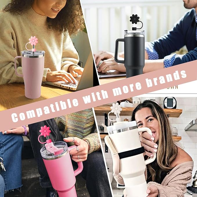6PCS Silicone Straw Covers Toppers for Stanley Cups 30&40 Oz Tumbler Accessories Flower Straw Caps Pink Black Dust-Proof Reusable Straws Tips Protectors for Stanley Cup 10mm 0.4in Straws