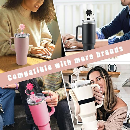 6PCS Silicone Straw Covers Toppers for Stanley Cups 30&40 Oz Tumbler Accessories Flower Straw Caps Pink Black Dust-Proof Reusable Straws Tips Protectors for Stanley Cup 10mm 0.4in Straws