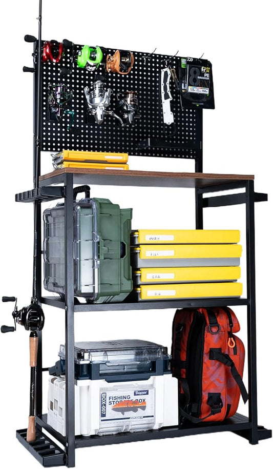 Fishing Rod Holders for Garage 3-Tier, Integrated structure extremely stable, Gear Storage for Up to 12 Rods with Hooks & Wheels, for Rod, Tackle Box, Reel Storage (6 hooks 1 trays 4 wheels)