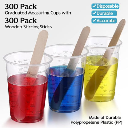 Yunsailing 300 Pieces 8 oz Plastic Measuring Cups With 300 Wooden Mixing Sticks, Disposable Measuring Cups for Epoxy Resin, Liquid, Paint, Cooking and Baking