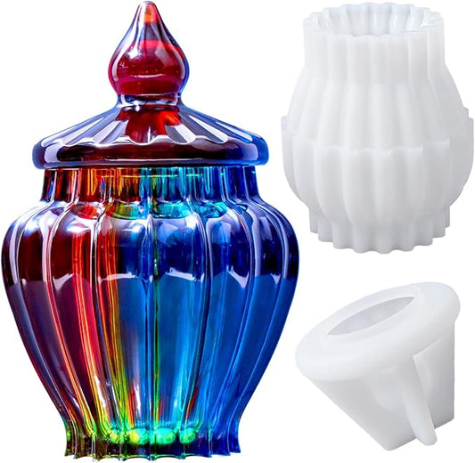 Silicone Box Mold with Lid Resin Epoxy Casting Molds Vintage Striped Wave Candle Jar Cement Mould for Resin Craft Making DIY Art Jewelry Trinket Organizer Candy Container Concrete Moulds Home Decor