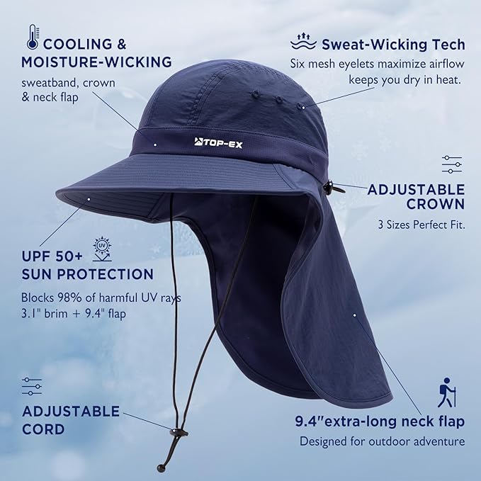 TOP-EX Cooling Sun Hat with Neck Flap – UPF 50+ Wide Brim Breathable Hat for Hiking, Fishing & Big Heads