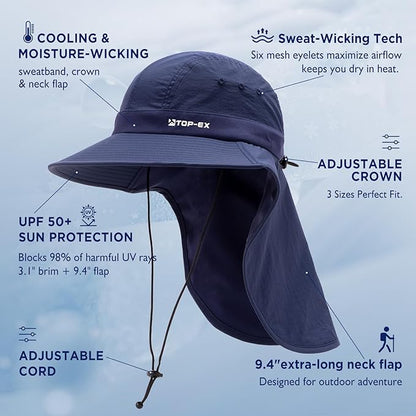 TOP-EX Cooling Sun Hat with Neck Flap – UPF 50+ Wide Brim Breathable Hat for Hiking, Fishing & Big Heads
