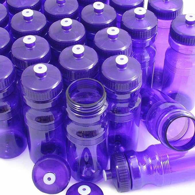 Rolling Sands USA Made 24 Ounce Sports Water Bottles - 100 Pack BPA-Free Blank Plastic Bottles for Group Use, Fitness Classes & Events - Translucent Purple Bottle/Purple Lid