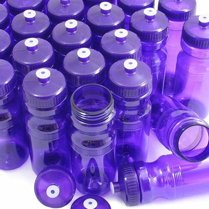 Rolling Sands USA Made 24 Ounce Sports Water Bottles - 100 Pack BPA-Free Blank Plastic Bottles for Group Use, Fitness Classes & Events - Translucent Purple Bottle/Purple Lid