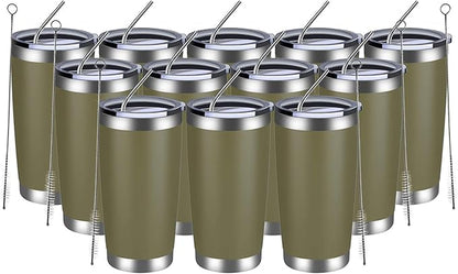 MEWAY 20oz Tumbler 12 Pack Double Wall Vacuum Insulated Travel Mug Bulk, Stainless Steel Tumblers with Lid and Straw, Durable Powder Coated Coffee Cups for Cold & Hot Drinks (Army Green, 12)