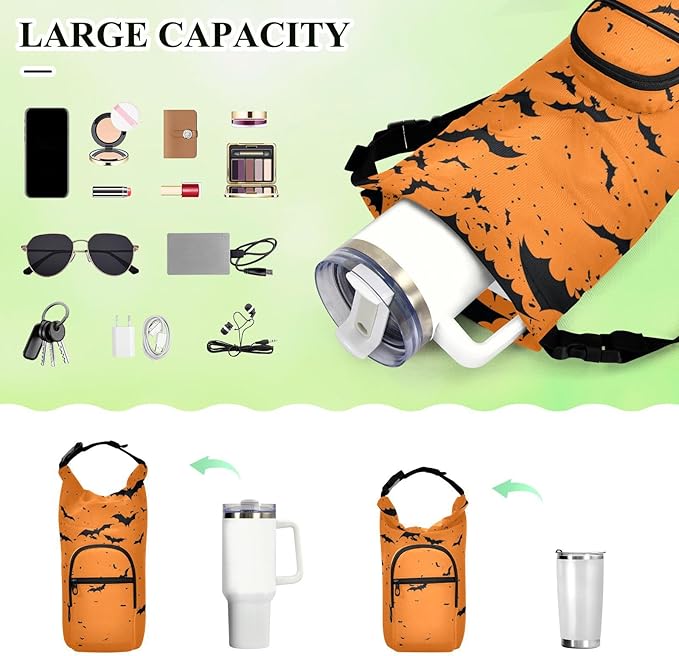 Halloween Black Bats Orange Water Bottle Holder with Strap Insulated Water Bottle Carrier Crossbody Bags Pouch with Phone Pocket for Travel Gym Hiking Walking Running