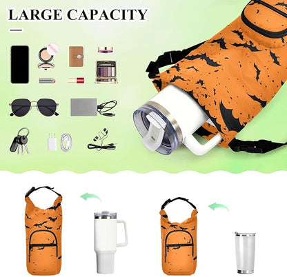Halloween Black Bats Orange Water Bottle Holder with Strap Insulated Water Bottle Carrier Crossbody Bags Pouch with Phone Pocket for Travel Gym Hiking Walking Running
