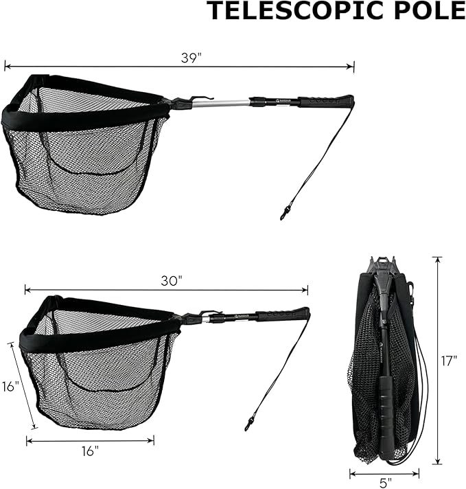 Black Paw Floating Fishing Net Foldable Telescopic Fish Landing Net with Built in Length Scale Rubber Coated for Kayak, Fly, Trout
