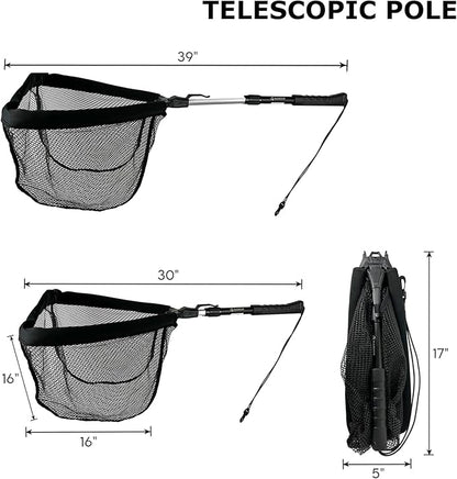 Black Paw Floating Fishing Net Foldable Telescopic Fish Landing Net with Built in Length Scale Rubber Coated for Kayak, Fly, Trout