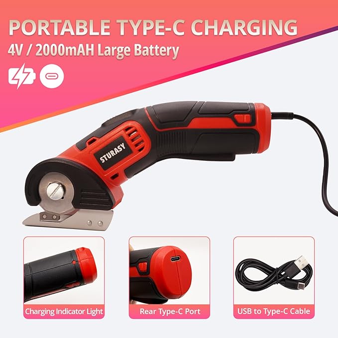 Cardboard Cutter with Safety Lock, Red Cordless Electric Scissors Two Blades, Rechargeable 4V 2000mAh Electric Rotary Cutter for Cardboard, Fabric, Carpet, Leather, Paper, Plastic, Packages