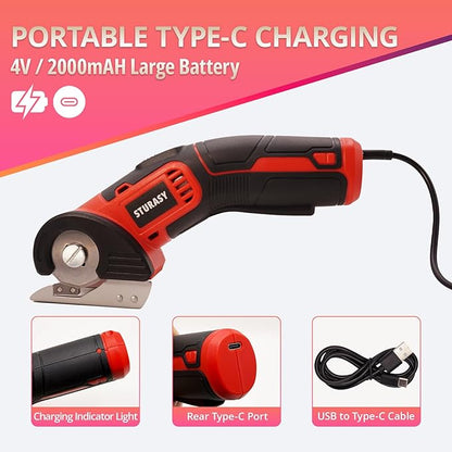 Cardboard Cutter with Safety Lock, Red Cordless Electric Scissors Two Blades, Rechargeable 4V 2000mAh Electric Rotary Cutter for Cardboard, Fabric, Carpet, Leather, Paper, Plastic, Packages