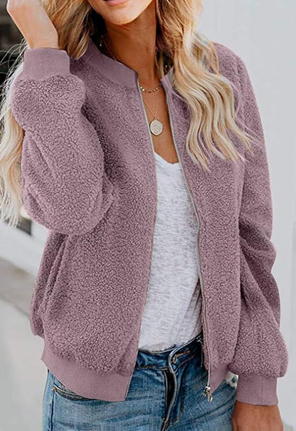MIROL Women's Fall Trendy Fleece Jacket Faux Sherpa Fuzzy Casual Long Sleeve Zip Up Loose Fit Bomber Winter Coat