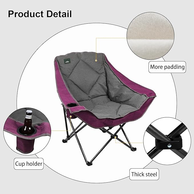 Northroad Oversized Foldable Camping Chair, Outdoor Padded Lawn Chair w/Cup Holder,Carry Bag for Beach, Hiking, and Picnics,Heavy-Duty 300-lbs Capacity, Purple