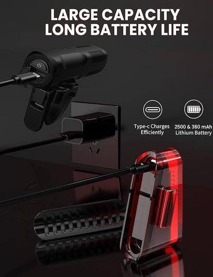 Bike Lights Front and Back Set, 8+5 Modes USB-C Rechargeable Bicycle Headlight and Tail Light, IP64 Waterproof LED Safety Lights for Night Riding, Road & Mountain Cycling Accessories, Easy to Install