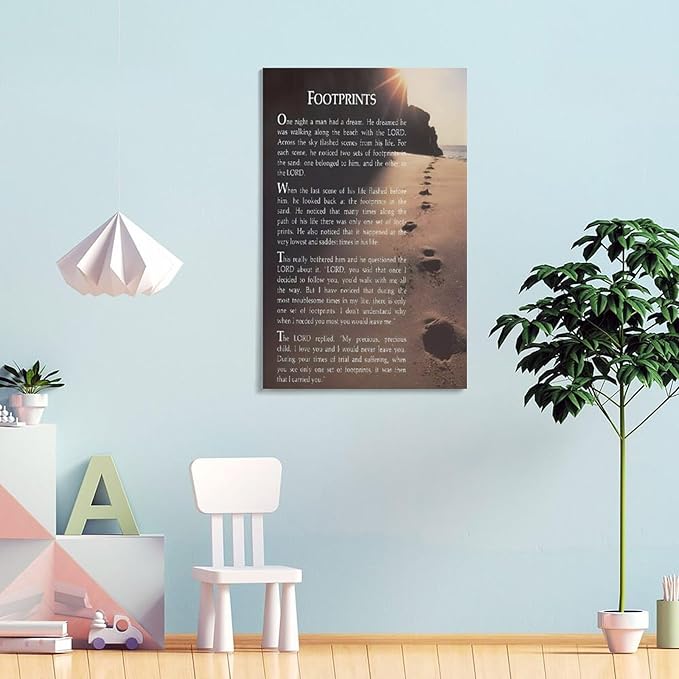 Footprints in the Sand Religious Canvas Wall Art Posters, Inspirational Beach Sunset Poem Print Poster (Framed 16x24inch, Footprints(7))