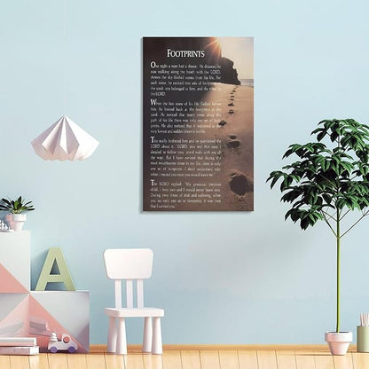 Footprints in the Sand Religious Canvas Wall Art Posters, Inspirational Beach Sunset Poem Print Poster (Framed 16x24inch, Footprints(7))
