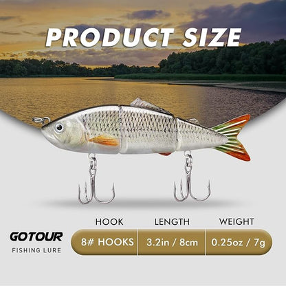 GOTOUR Fishing Lures for Freshwater or Saltwater, Easy to Use for Family Fishing Beginner and Pros, Most Lifelike Jointed Swimbait，Slow Sinking Bass Pike Panfish Walleye Lures, Fishing Gifts for Men