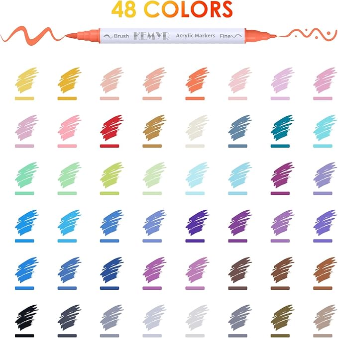 48 Colors Brush & Fine Tip Acrylic Paint Pens, Dual Tip Acrylic Paint Markers for Paper, Wood, Canvas, Stone, Rock, Glass, Fabric, DIY, Ceramic, Art Supplies for Adults Drawing