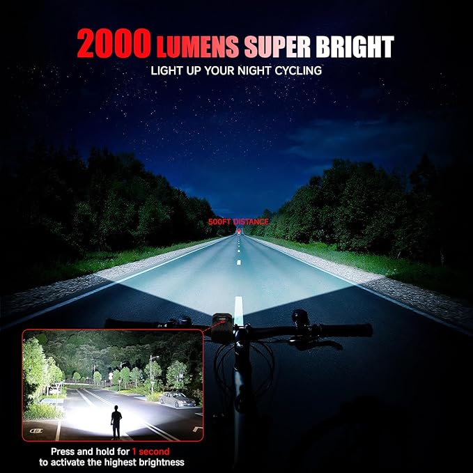 Bike Light for Night Riding, 2000LM/1000LM Bicycle Headlight & Taillight, Multiple Modes,3000mAh/2000mAh USB C Rechargeable Waterproof LED Bright Bike Headlights for Cyclists and Commuters