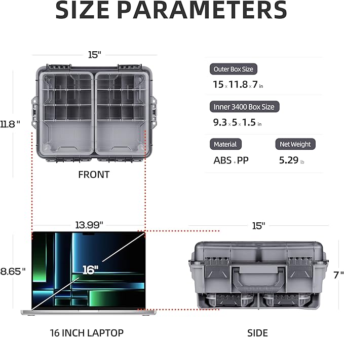 RUNCL Universal Fishing Tackle Box with Two Small Tackle Tray, Removal Inside Design Waterproof Trunk Storage Box, Thicker Floating Airtight Stowaway, Xmas Surprise Fishing Gifts for Men Women