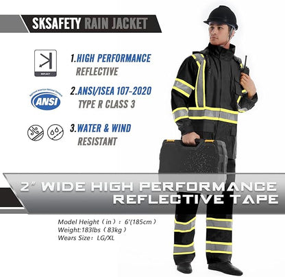 SKSAFETY Hi Vis Reflective Rain suits for Men Waterproof - High Vis Safety Rain Jacket, High Visibility Raincoat for Men