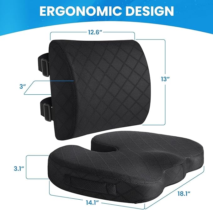 TushGuard Seat Cushions, Back&Seat Cushion for Office, Sciatica & Back Coccyx Tailbone Discomfort Easing Chair Pad, Memory Foam Lumbar Support Pillow for Gaming, Desk, Wheelchair, Car(Black)