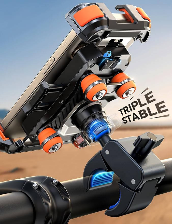 JOYROOM Motorcycle Phone Mount Holder - [Dual Vibration Dampener] 150mph Anti-Shock Phone Holder for Motorcycle [Upgrade Metal Handlebar Clamp] - Bike Phone Holder Mount for 4.7-7" Phones Orange