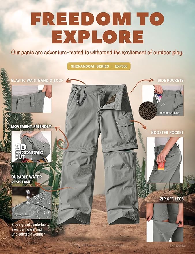 CQR Kids Youth Hiking Cargo Pants, UPF 50+ Quick Dry Convertible Zip Off Pants, Outdoor Camping Pants