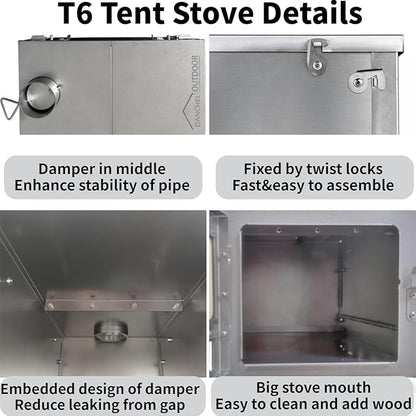 DANCHEL OUTDOOR T6 Ultralight Titanium Wood Stove for Camping Backpacking, 4.4lbs Folding Hot Tent Stove with 7.2ft Chimney Pipe, Easy Setup for 1 Person Winter Survival, Cooking
