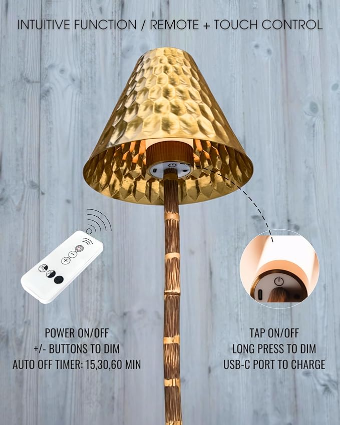 Bamboo Cordless LED Table Lamp – Rechargeable 24-Hour Battery, Dimmable Warm Light, 15" Portable Wireless Lamp with Remote for Indoor/Outdoor Use, Home, Patio, Restaurant – Textured Gold