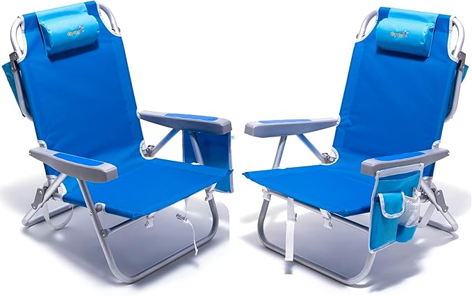 SUNNYFEEL Beach Chairs for Adults 2 Pack 5 Position Lay Flat, Portable Folding Backpack Beach Chair Heavy Duty with Cooler Bag, Cup Holder for Outdoor/Lawn/Picnic, Foldable Camping Chair