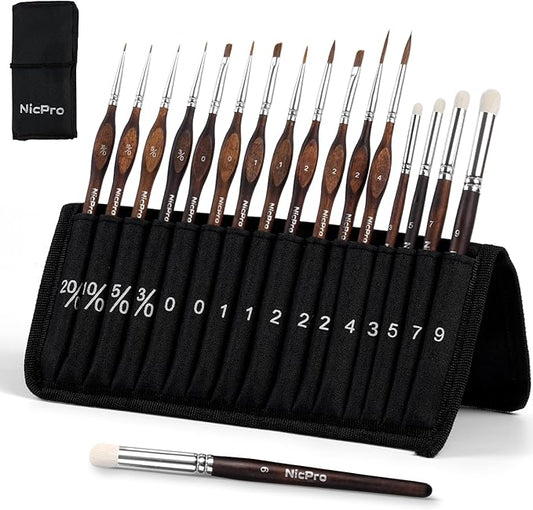 Nicpro 16 PCS Kolinsky Sable Miniature Paint Brushes Dry Brush, Professional Model Paint Brush Set with Cloth Roll, Fine Detail Artist Brush Set for Miniatures, Acrylic & Figures, Model, Watercolor