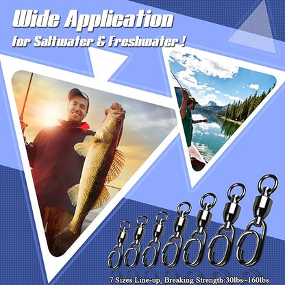 QISHUO High Strength Fishing Swivel Steel Ball Bearing Fishing Swivels Stainless Connector Rolling Snap Swivels Fishing Black Nickel 30lbs-160lbs