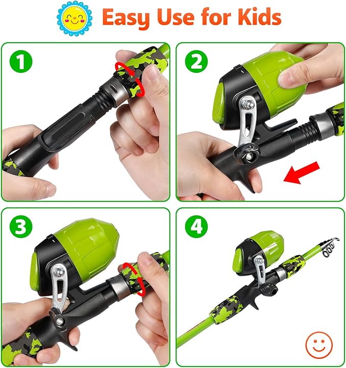 PLUSINNO Kids Fishing Pole with Spincast Reel Telescopic Fishing Rod Combo Full Kits for Boys, Girls, and Adults