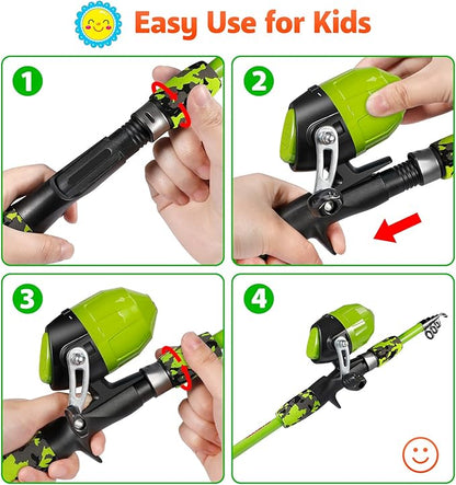 PLUSINNO Kids Fishing Pole with Spincast Reel Telescopic Fishing Rod Combo Full Kits for Boys, Girls, and Adults