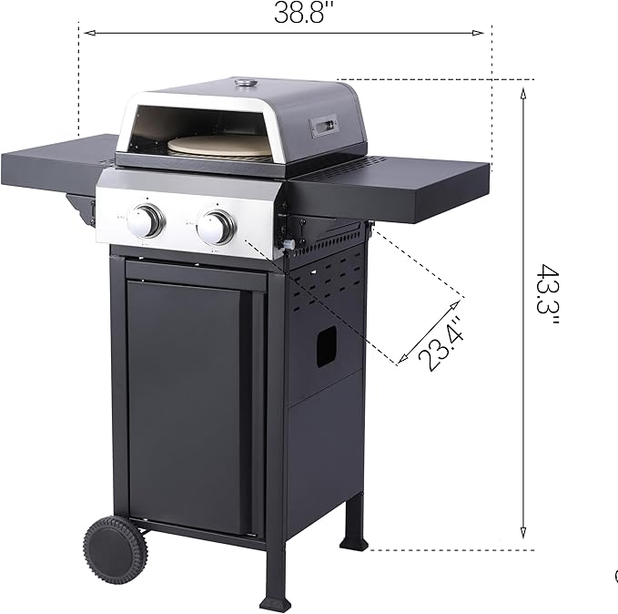 2-Burner Propane Gas BBQ Grill, Pizza Box, 24600BTU Output With Wire Enamel Cooking Grids For Outdoor Barbecue, Foldable Side Table, Hanging Basket, Stainless Steel
