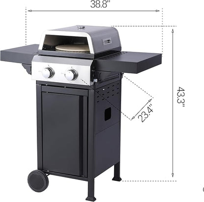 2-Burner Propane Gas BBQ Grill, Pizza Box, 24600BTU Output With Wire Enamel Cooking Grids For Outdoor Barbecue, Foldable Side Table, Hanging Basket, Stainless Steel