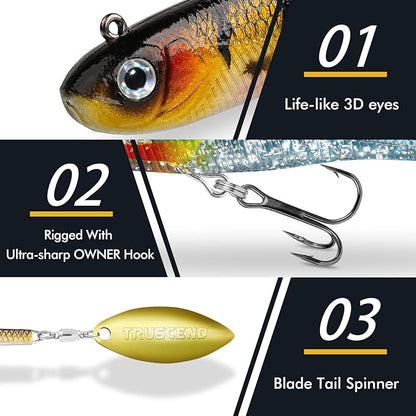 TRUSCEND Easy Catch Pre-Rigged Soft Lures, Unique Vibrating Swim Action and Trembly Sinking Move for More Bites, Amazing Soft Swimbait for Family Fishing, Fishing Lures for Bass Trout Crappie Walleye